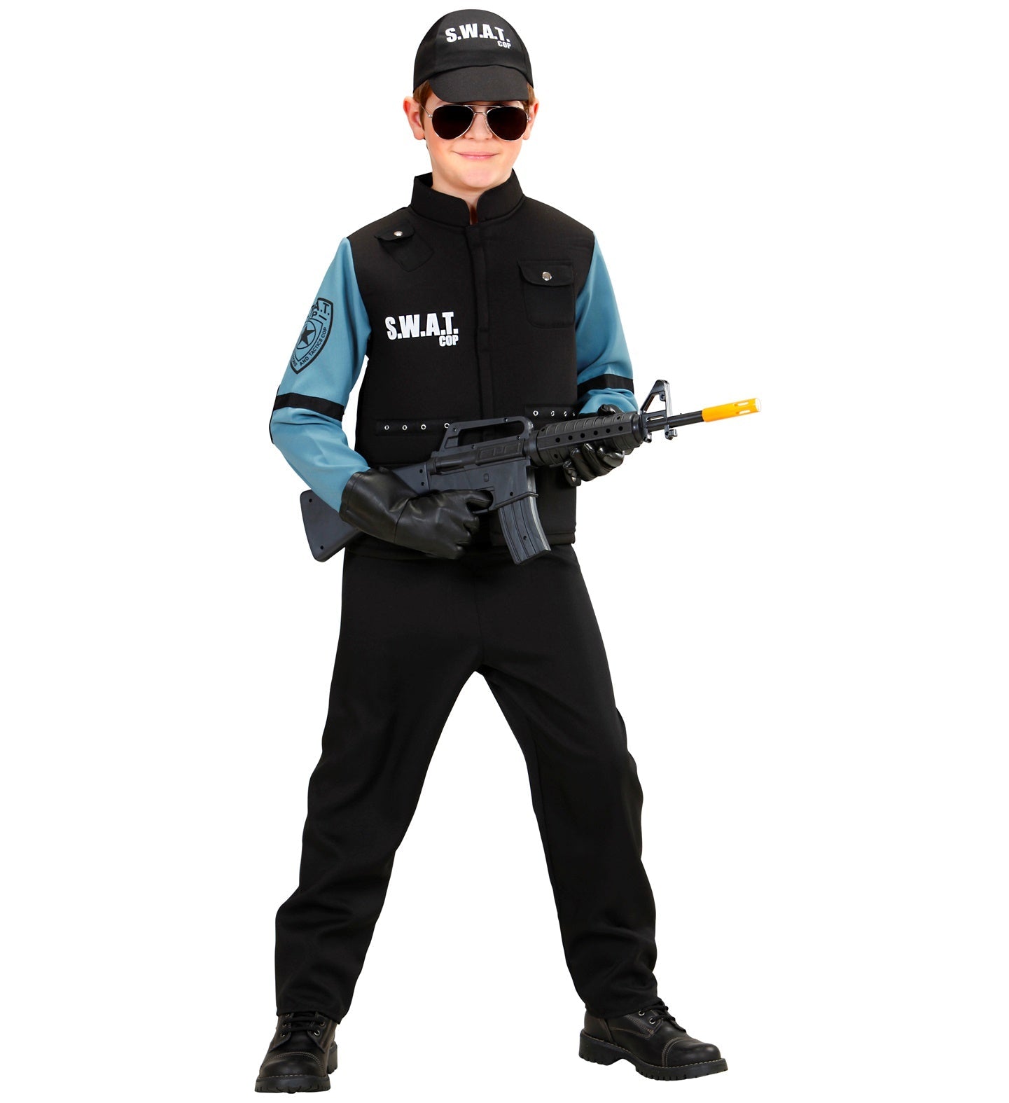 Boy in black SWAT costume with blue accents, cap, and toy rifle.