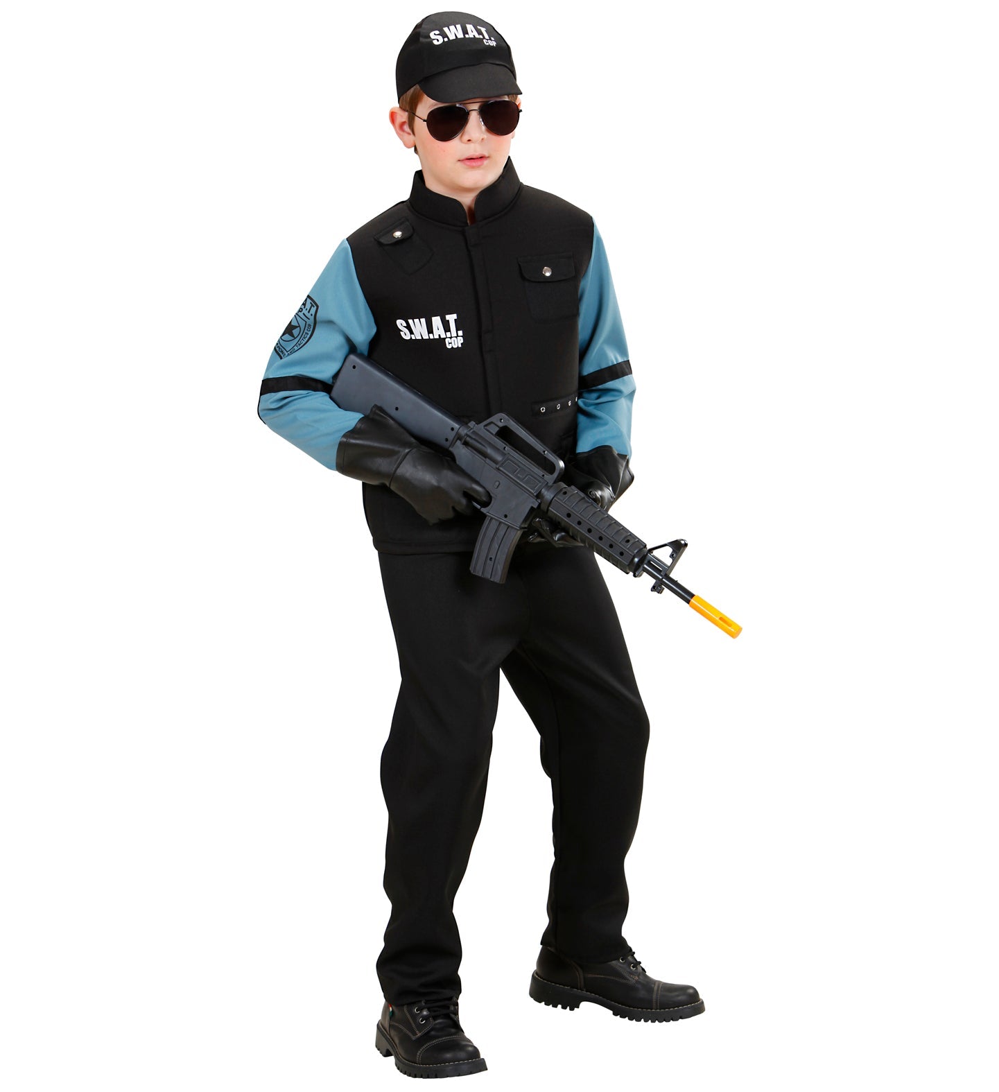 A child models the black and blue SWAT costume set with cap and toy rifle.