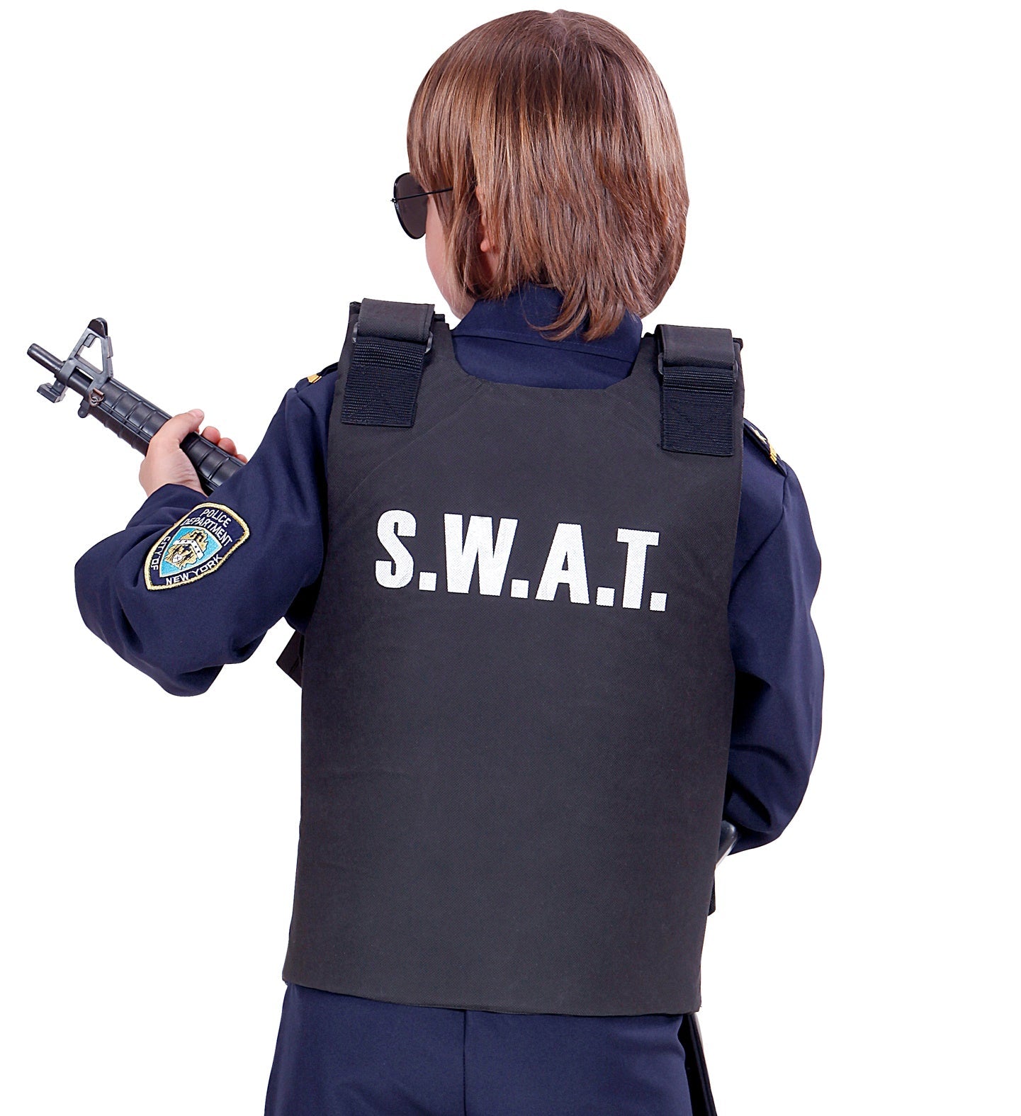 Rückansicht einer SWAT-Einsatzweste für Kinder mit "S.W.A.T."-Aufdruck und Spielzeugwaffe.