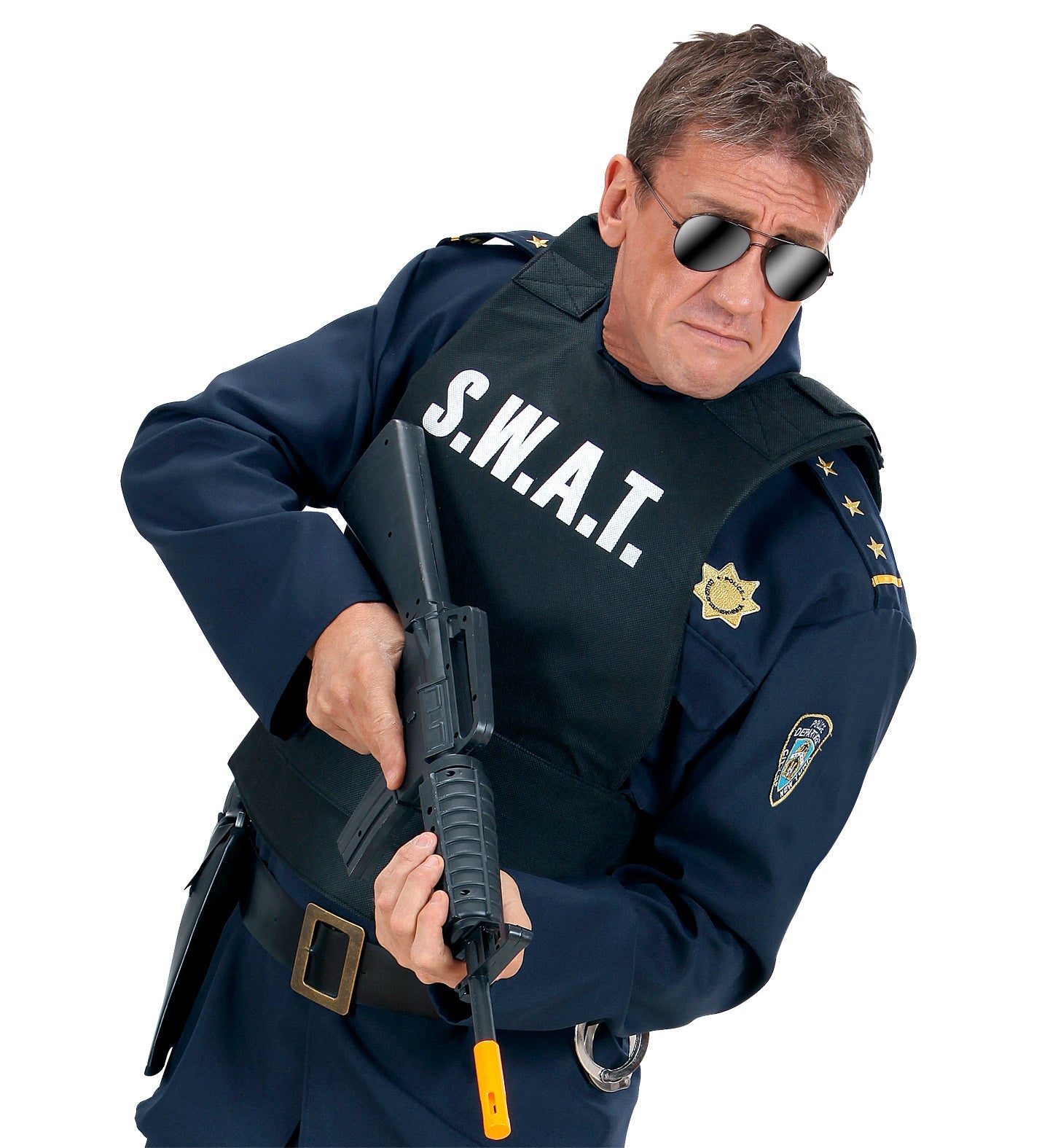 Man in SWAT tactical vest with Oxford fabric, adjustable straps, and police insignia.