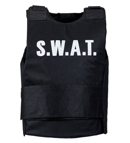 Black SWAT tactical vest with white lettering, adjustable straps, one size M/L, Oxford fabric.