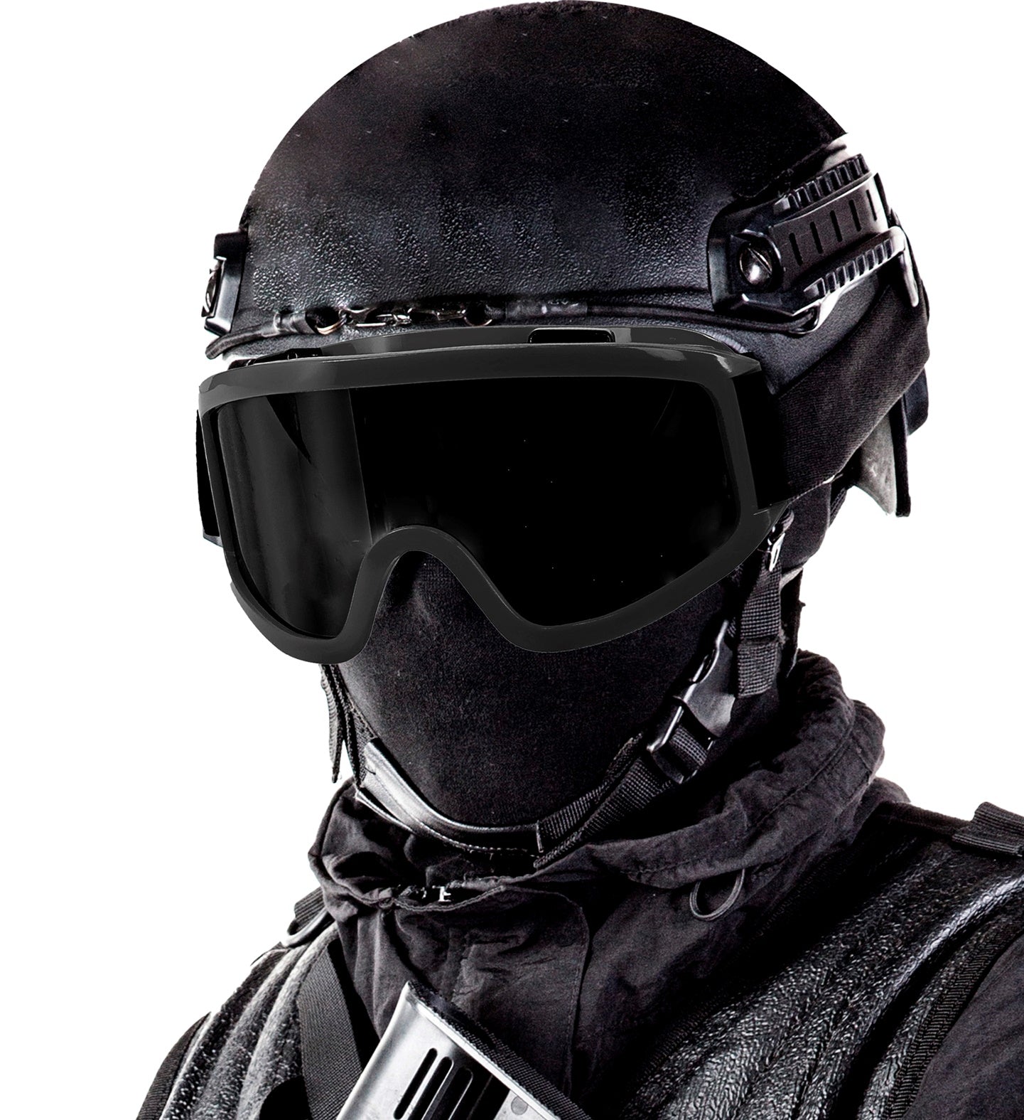 Schwarze taktische Schutzbrille mit Anti-Beschlag-Beschichtung und flexiblen Bügeln.