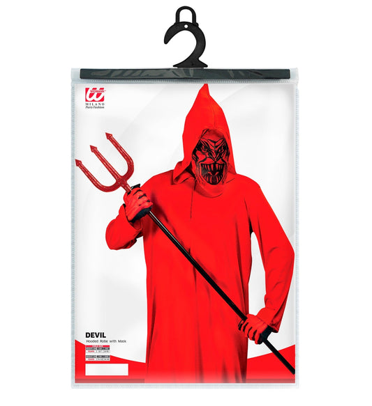 Teufel Kinderkostüm mit Kapuze und detailreicher Halbmaske in Schwarz und Rot.