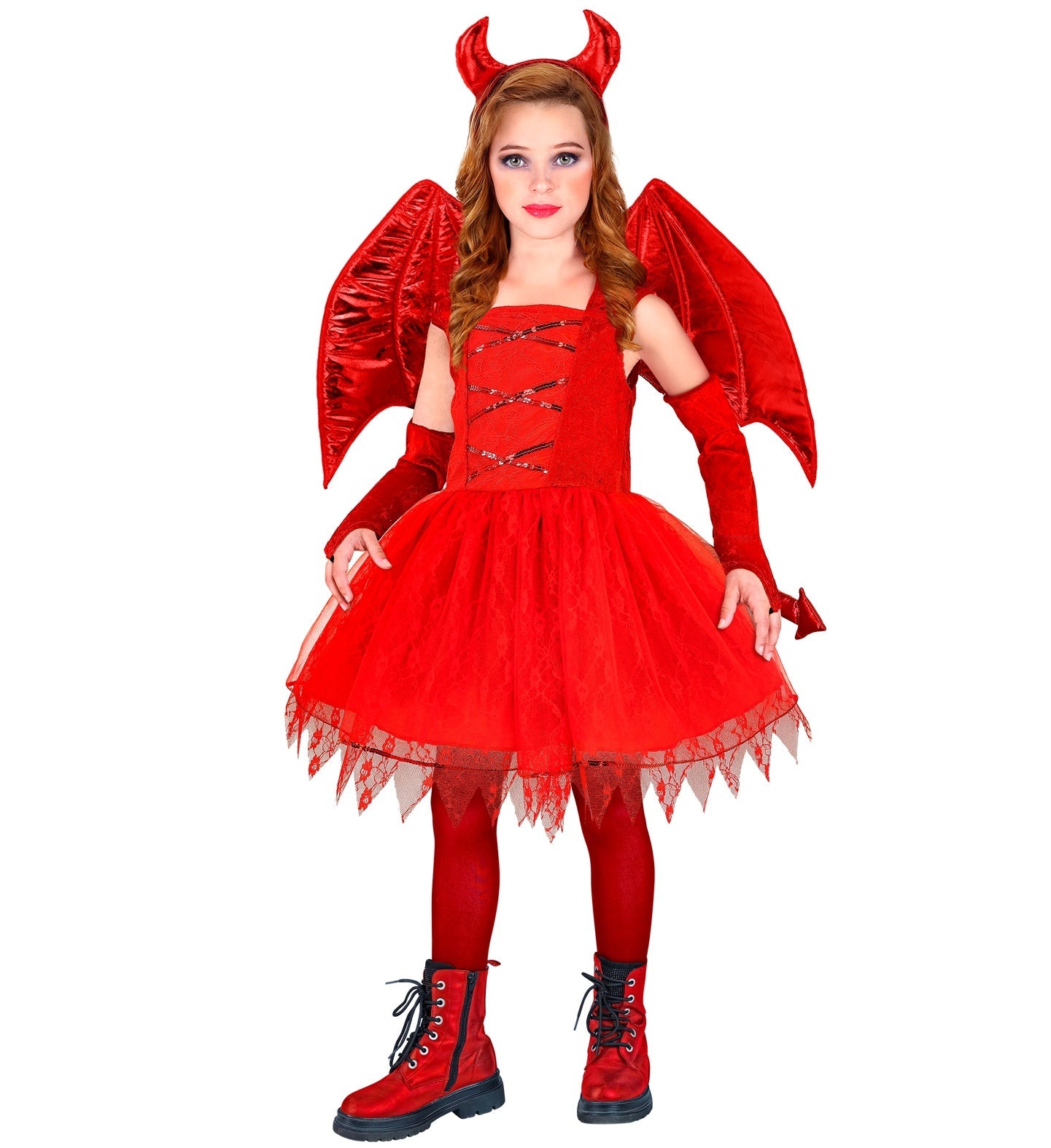 Rotes Teufelskostüm für Mädchen mit Kleid, Hörnern und fingerlosen Handschuhen.
