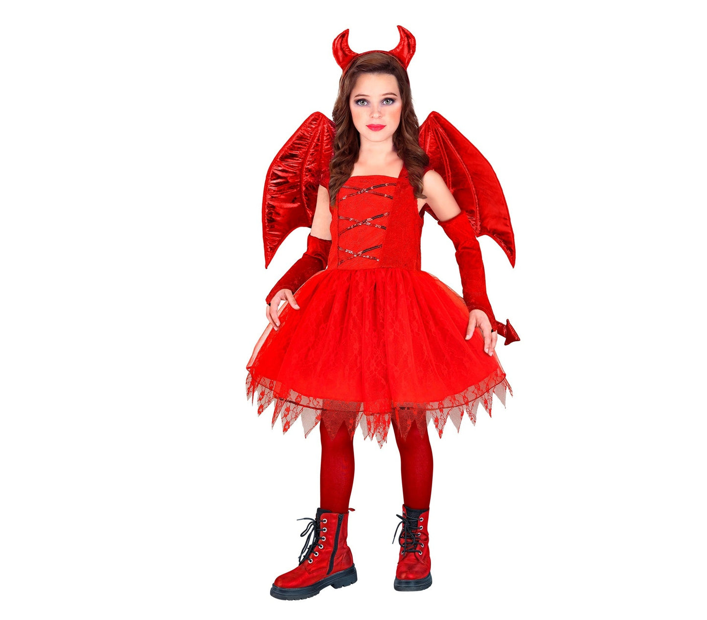 Rotes Teufelskostüm für Mädchen mit Kleid, Hörnern und fingerlosen Handschuhen.