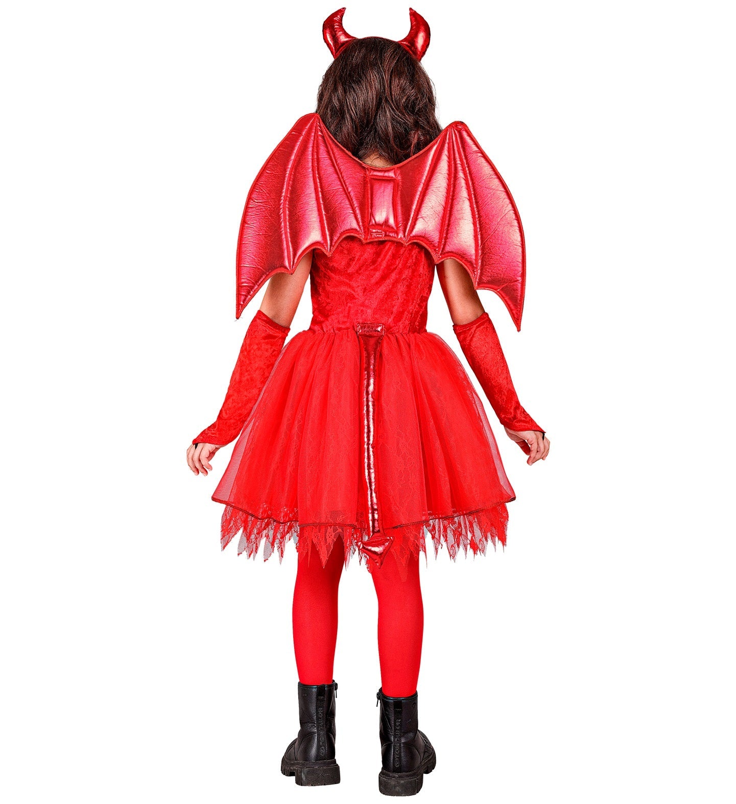 Rotes Teufel-Kinderkostüm mit Kleid, Hörnern und fingerlosen Handschuhen für Mädchen