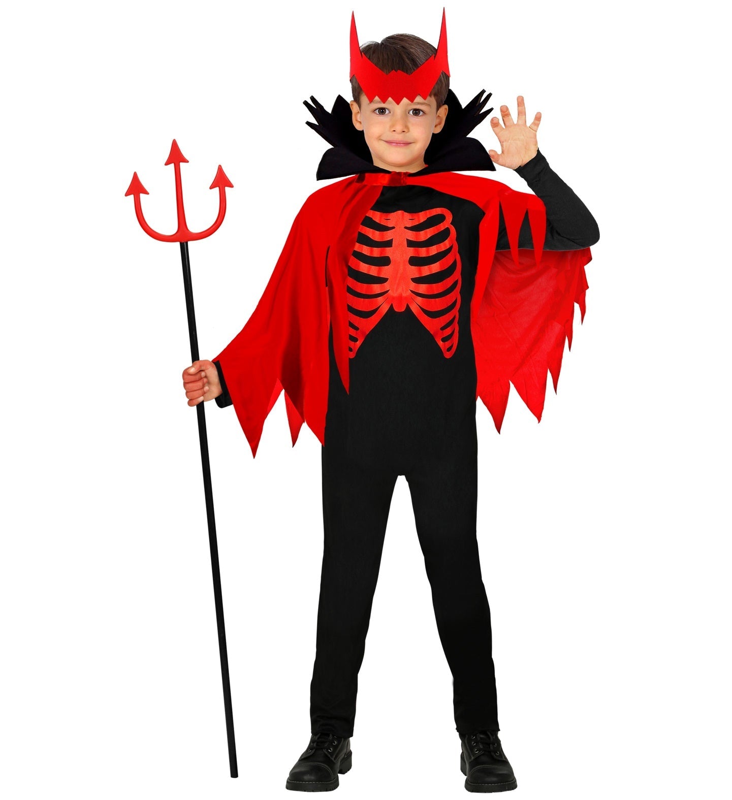 Rotes und schwarzes Teufel-Kostüm für Jungen mit Overall, Umhang und Hörnern