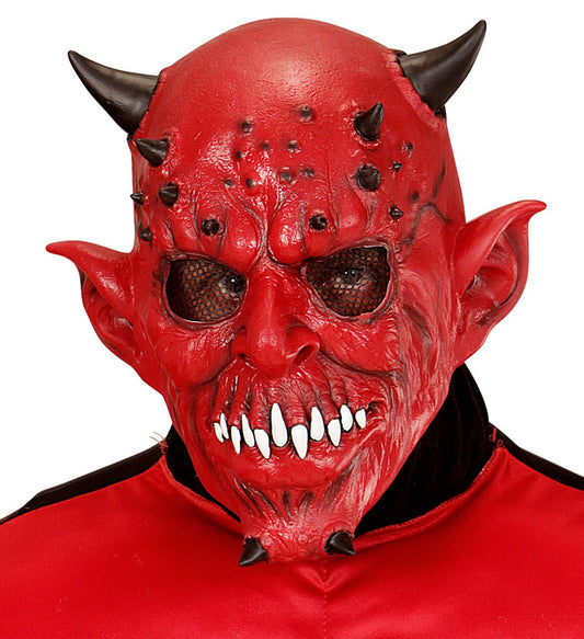 Rote Teufelsmaske aus Latex mit Hörnern und großen Augenöffnungen für Halloween und Cosplay.