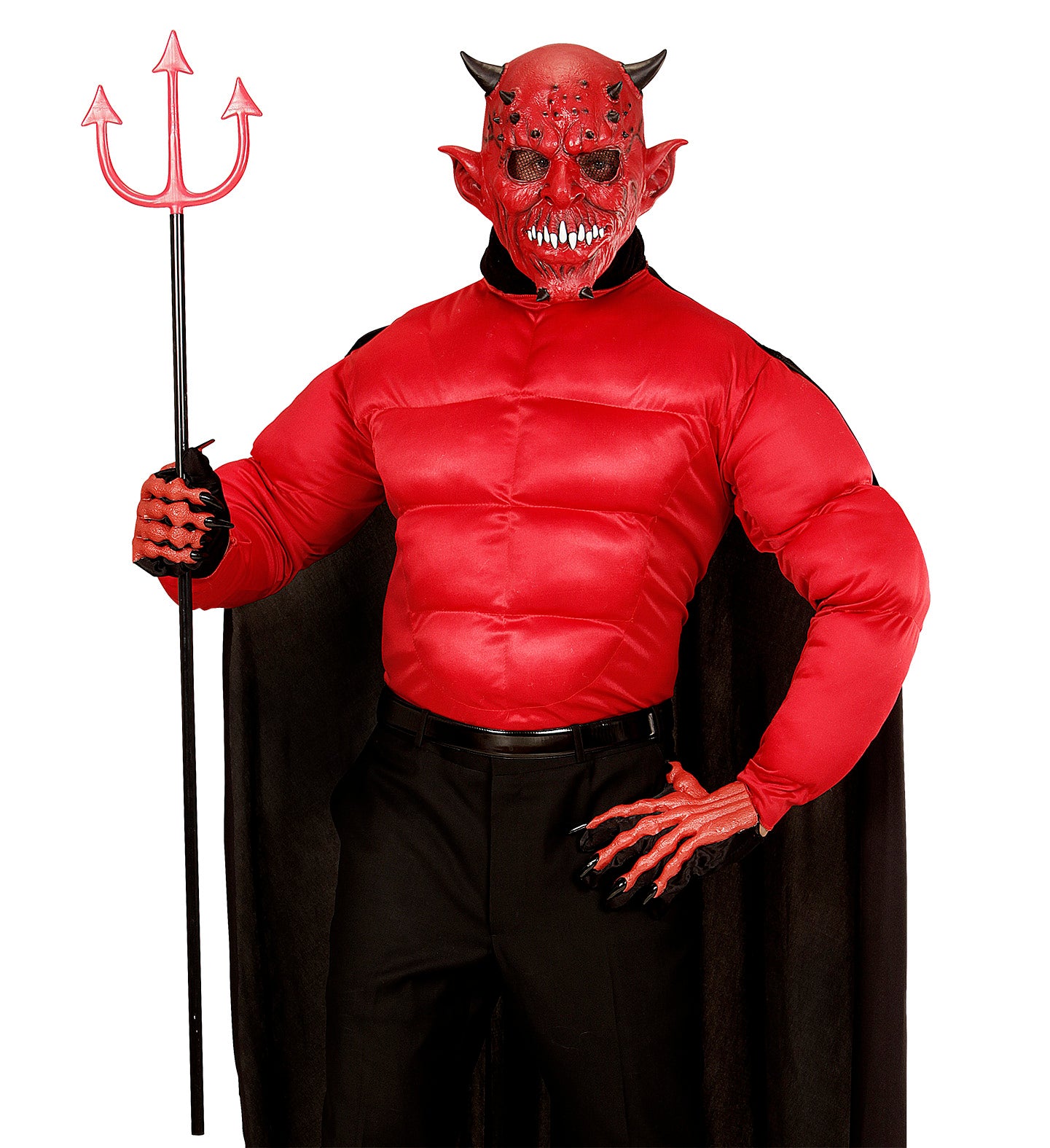 Vollkopf Teufel Maske aus Latex in Rot mit handgemalten Hörnern und großen Augenöffnungen.