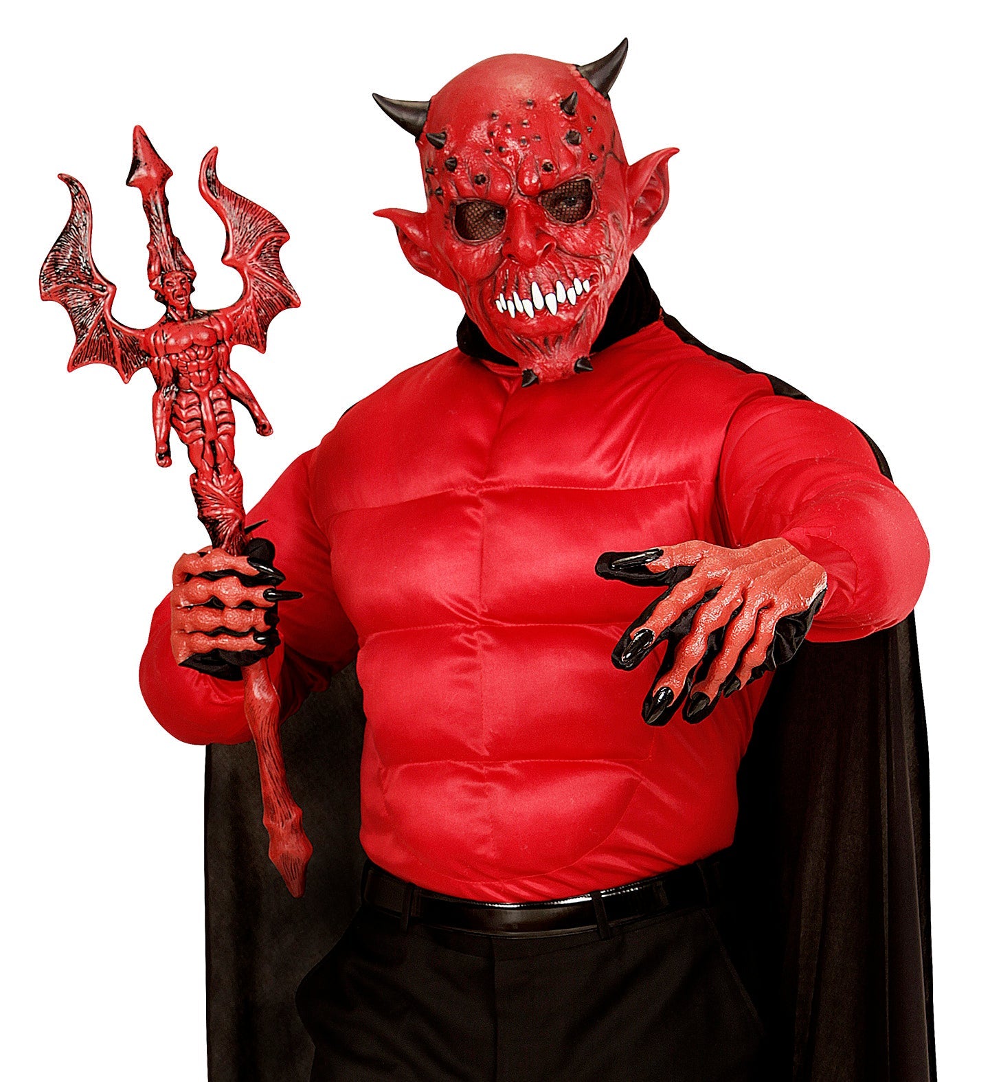 Rote Teufelsmaske aus Latex mit handgemalten Hörnern und großen Augenöffnungen.