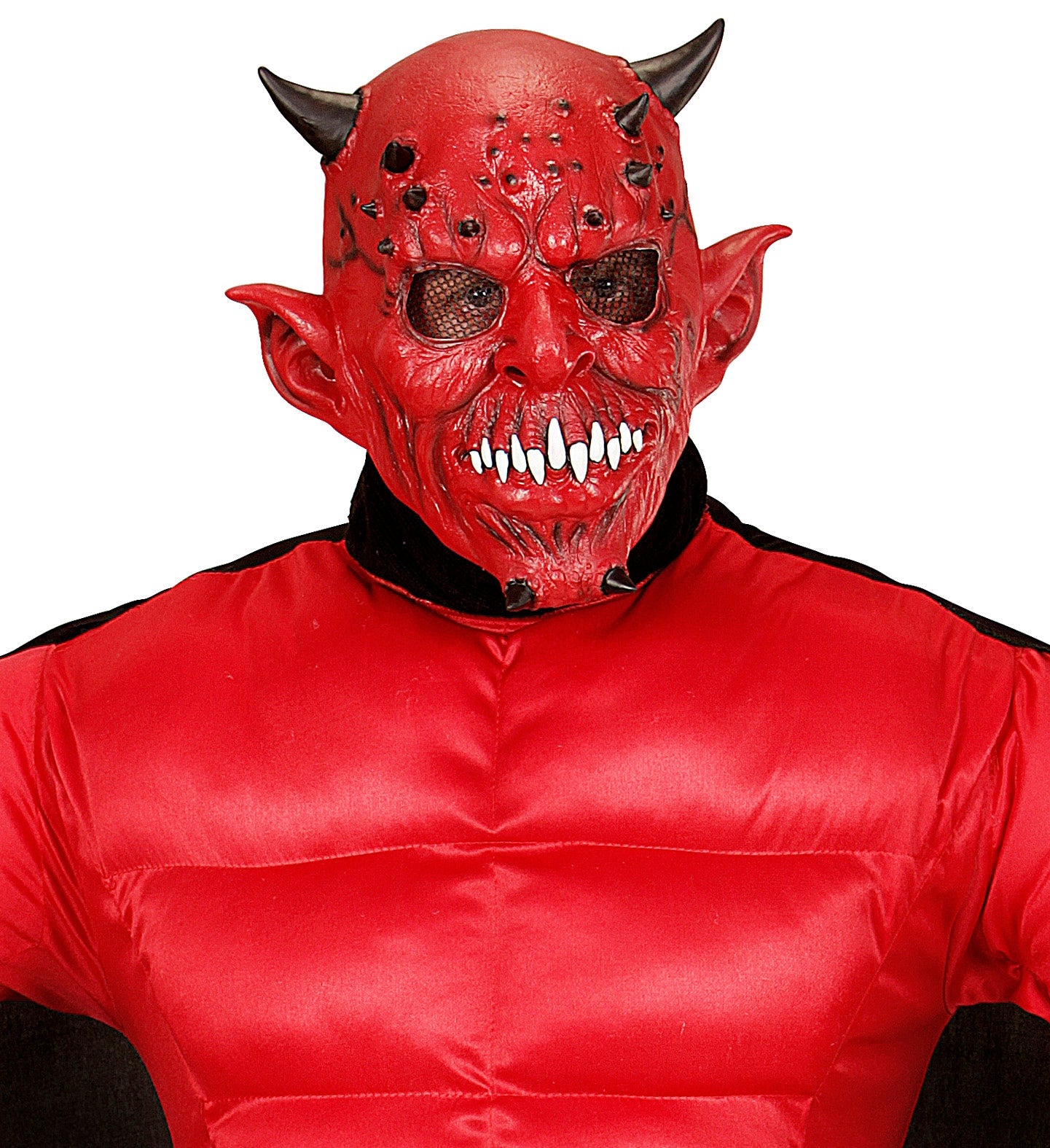 Rote Latex-Teufelsmaske mit Hörnern und detaillierten Falten, Vollkopf für Halloween.