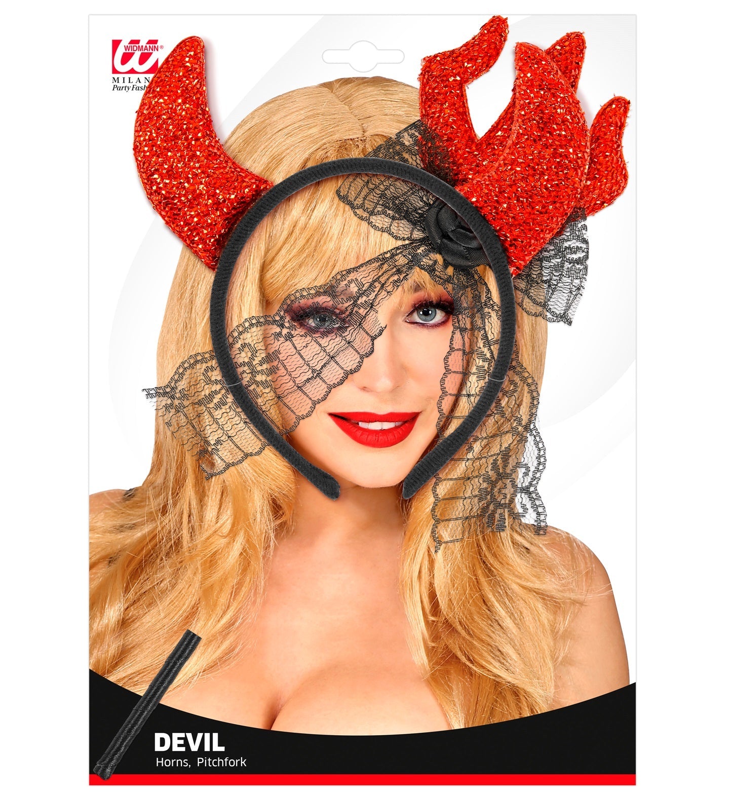 Woman wearing red glitter devil horns headband with black lace veil and holding trident.