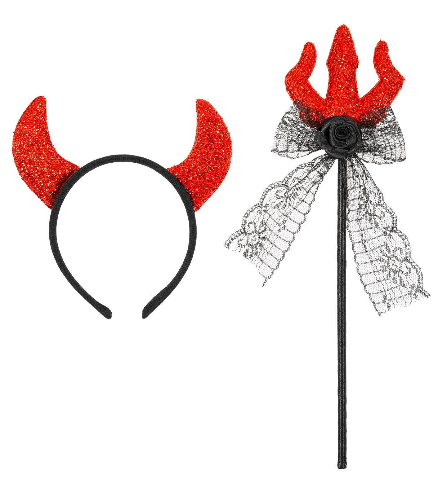 Red devil horns headband and trident with black lace accents for Halloween costumes.