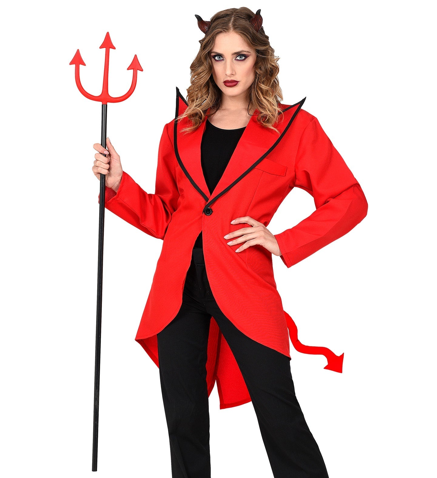 A 120cm matte black devil's trident prop with red tips and lightweight plastic construction.