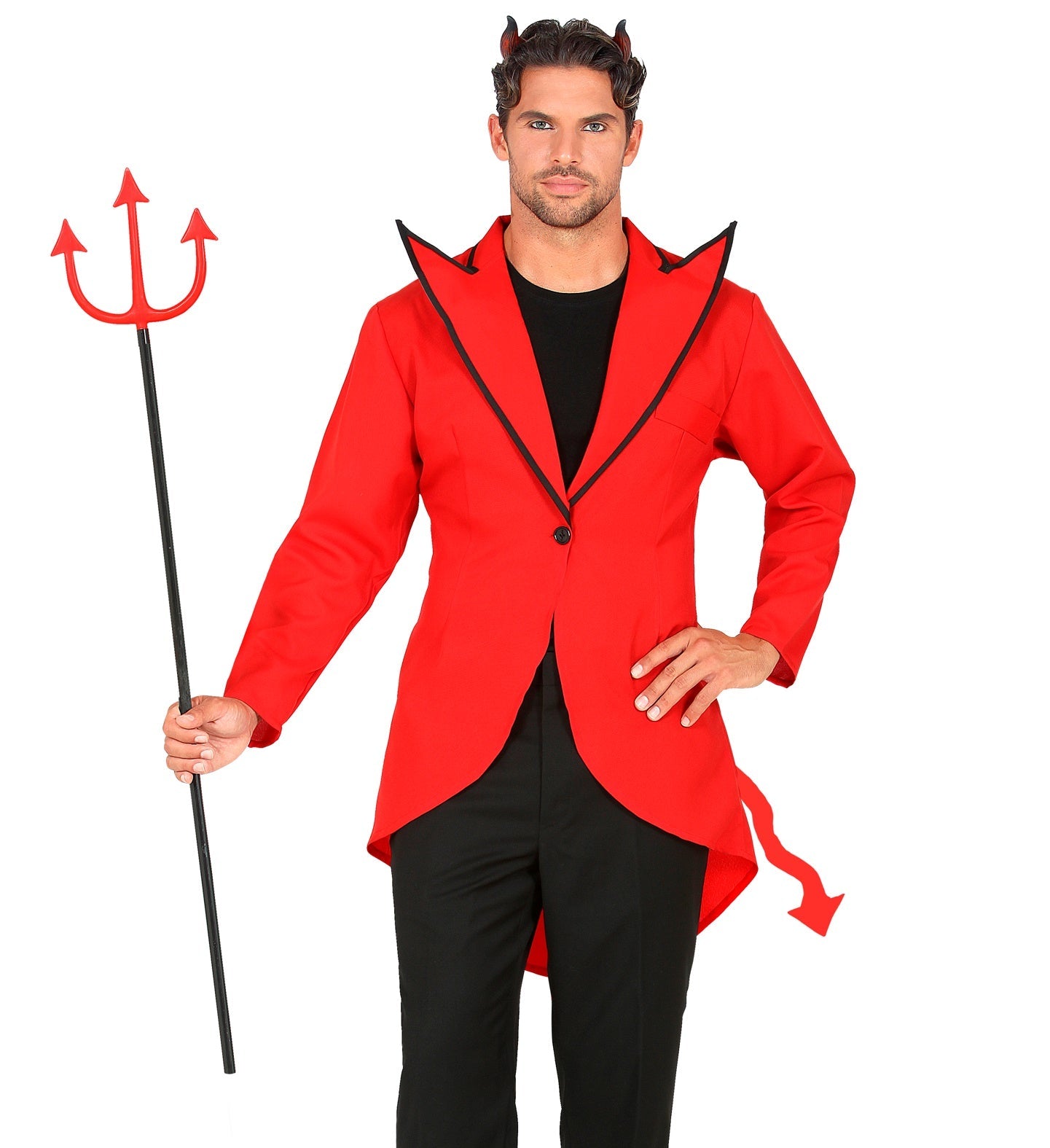 A lightweight matte black devil's trident prop, 120cm long with red-tipped prongs.