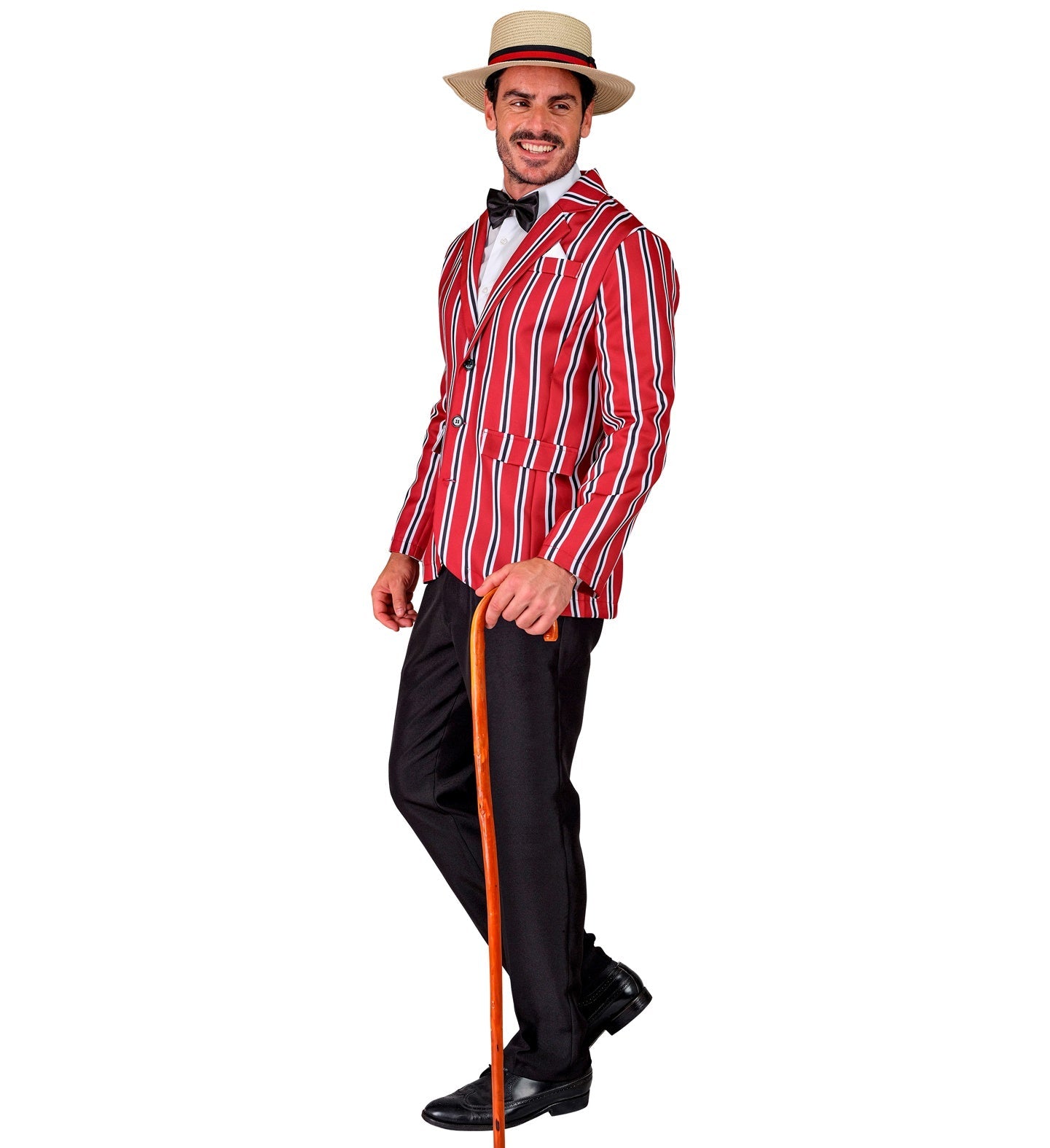 Man in red-and-white striped suit, boater hat, bow tie, and cane.