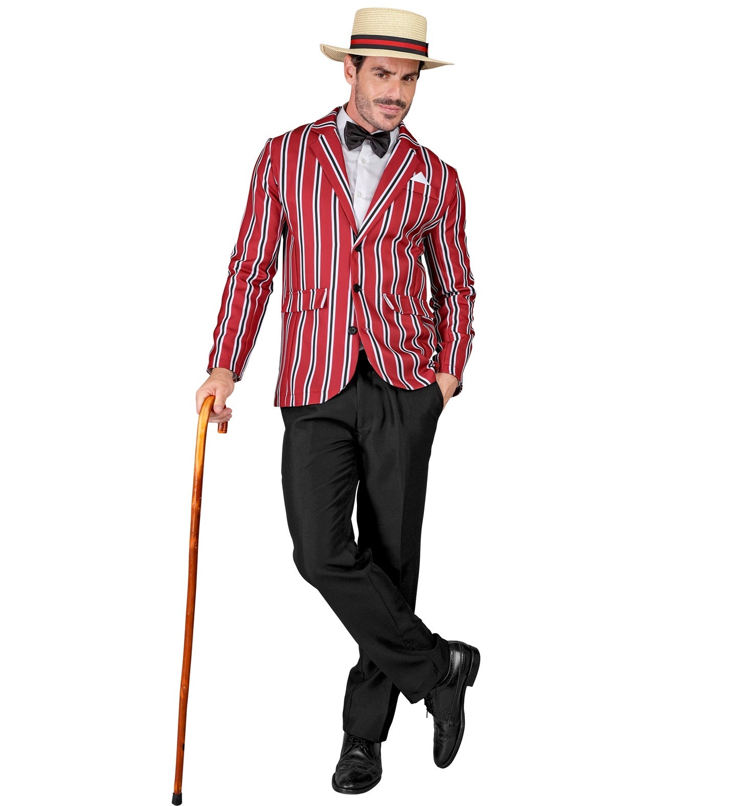 Man in red-and-white striped blazer, boater hat, bow tie, trousers, and cane.