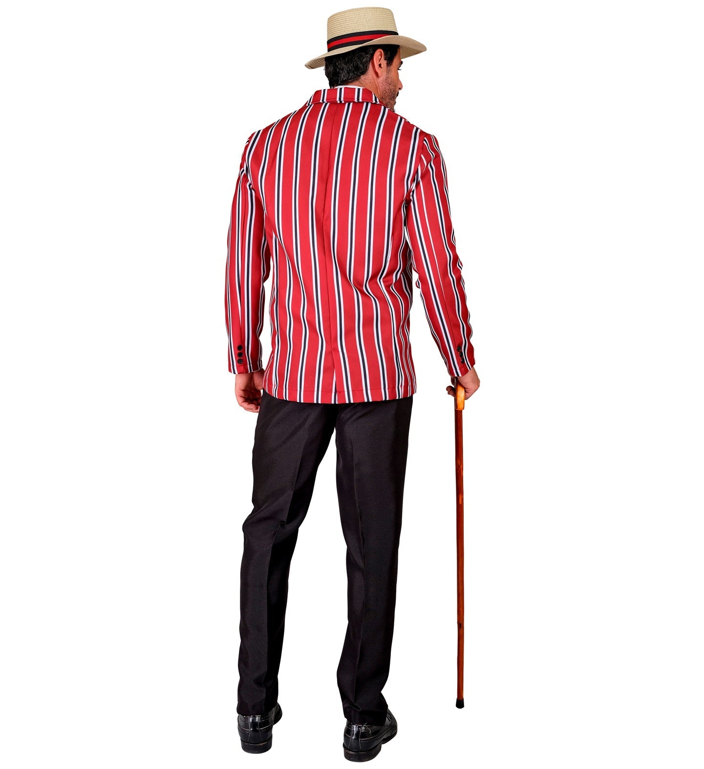 Man in red-and-white striped suit, straw hat, and cane from behind.