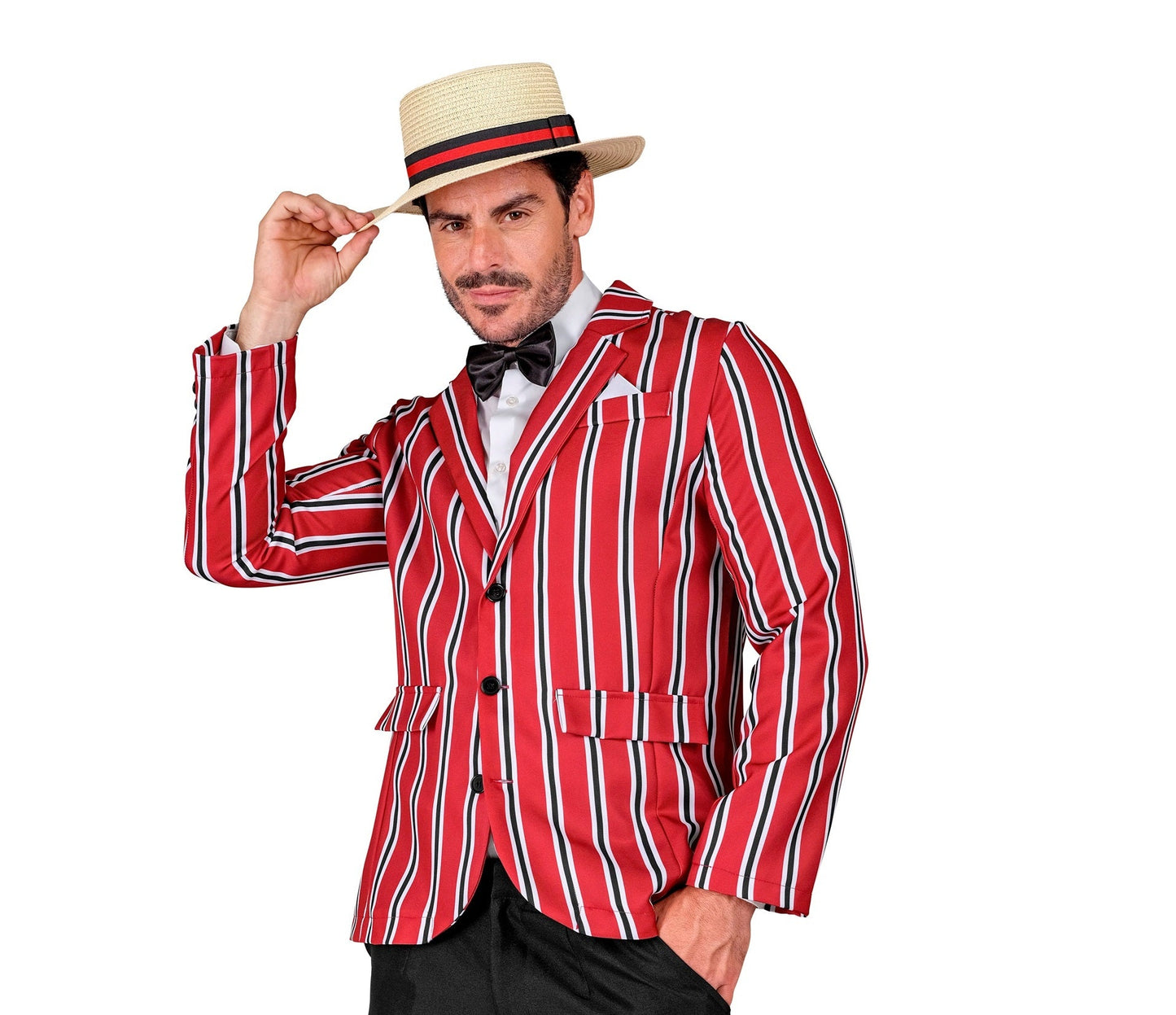 Man in blue-and-white pinstripe jacket, bow tie, and hat for 1920s gangster costume.