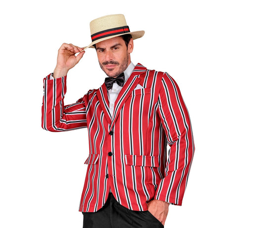 Man in blue-and-white pinstripe jacket, bow tie, and hat for 1920s gangster costume.