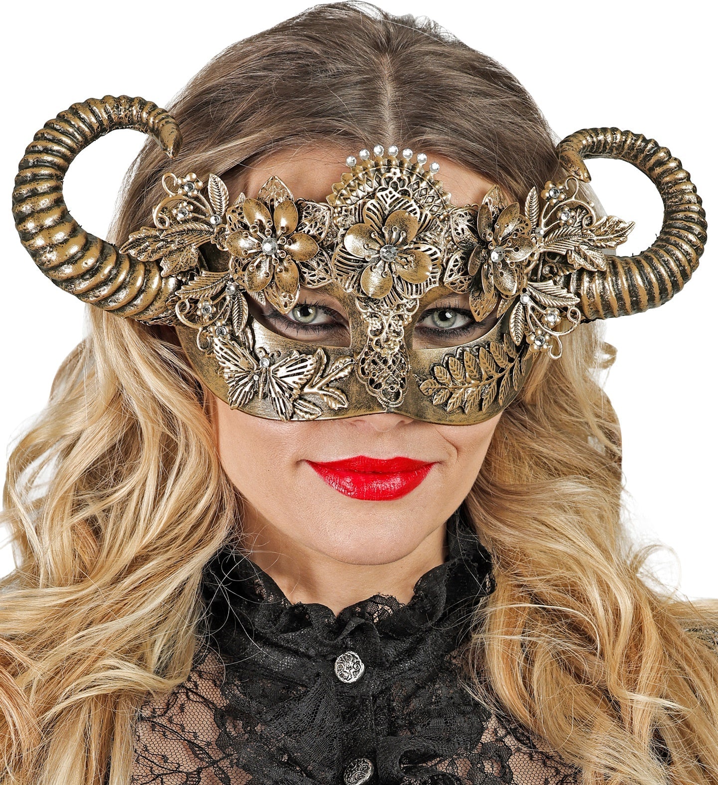 Leichte goldene Theatermaske mit realistischen Widderhörnern und elastischem Band für Erwachsene.