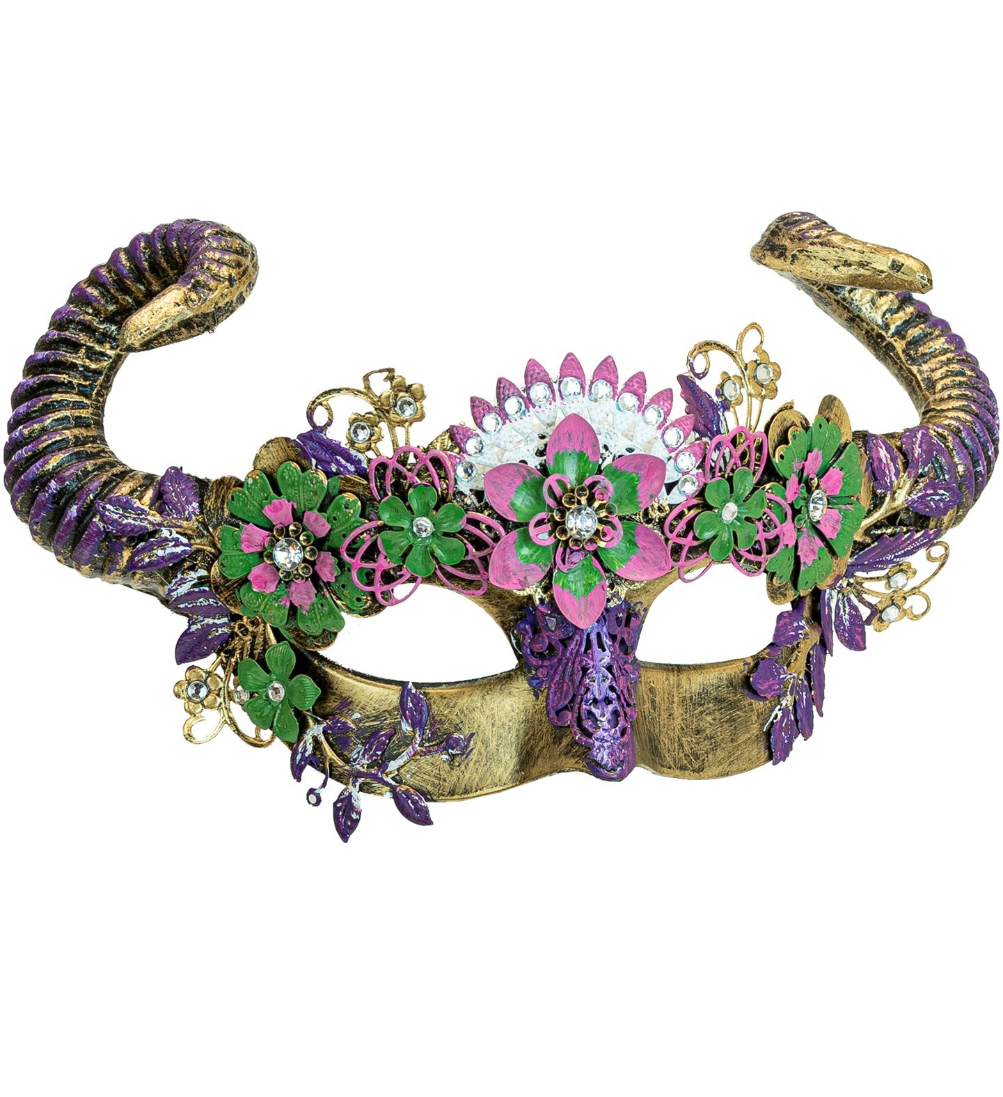 Handgearbeitete Widdermaske aus Kunststoff mit bunten Blumen und elastischem Gummiband.