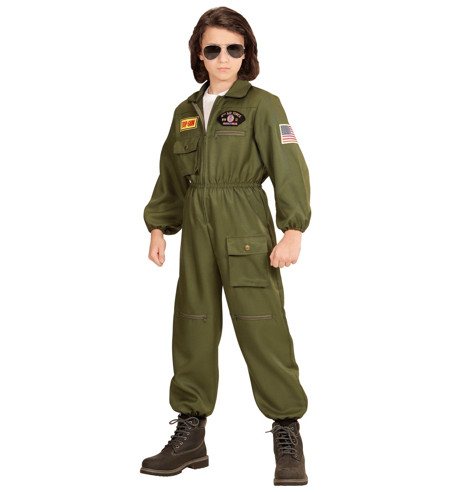 Grünes Top Gun Piloten-Kostüm für Kinder mit Abzeichen und Reißverschluss.