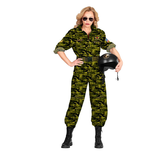 Damen-Camouflage-Overall mit Top Gun-Patches und durchgehendem Reißverschluss.