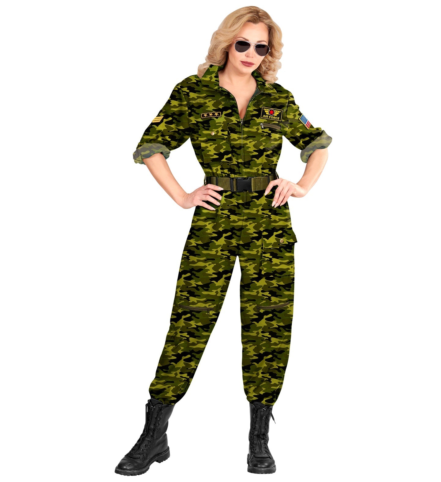 Damen-Overall mit Camouflage-Muster und Top Gun Patches, langer Reißverschluss, figurbetont