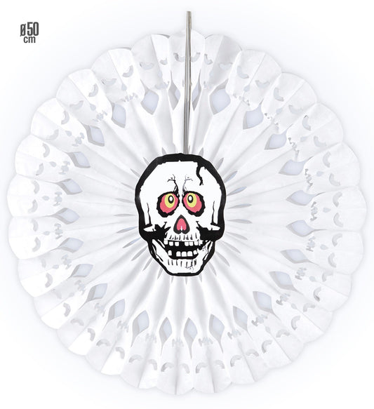 Halloween Dekoration – Widmann Totenkopf Papierfächer 50cm Weiß - Fasnacht24.ch