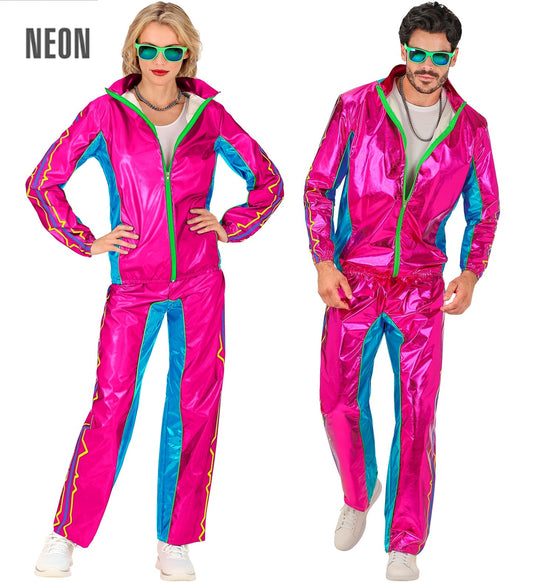 Pink metallic unisex 80s style tracksuit with jacket and pants on a model.