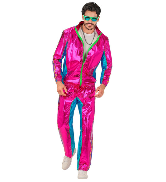 Unisex pink metallic 80s style tracksuit with full-zip jacket and cuffed pants.
