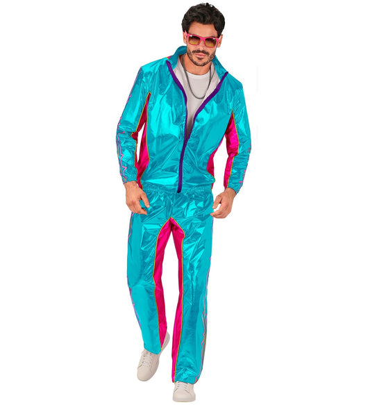 Man in metallic turquoise jogging suit with pink accents, zipped jacket and pants.