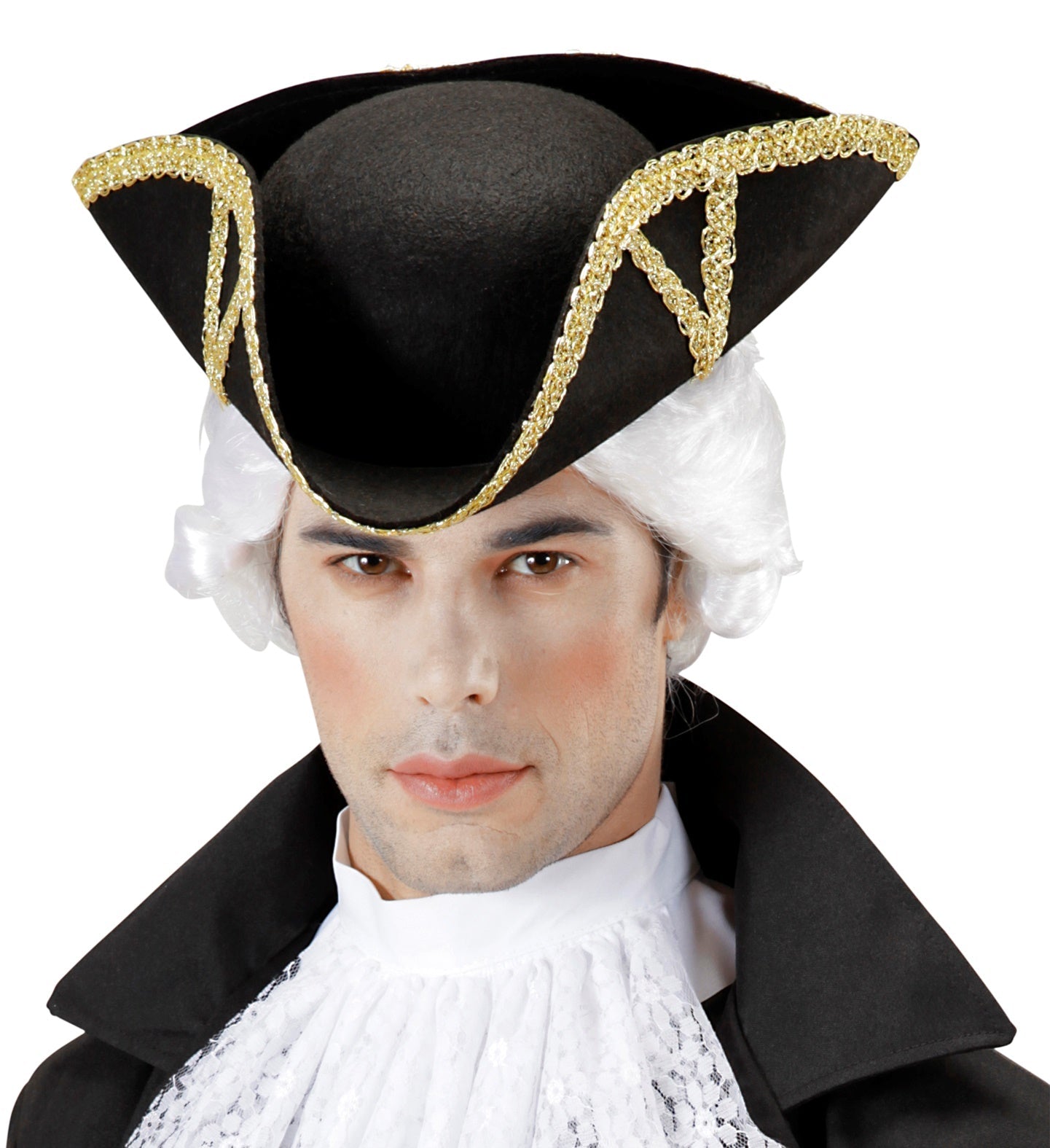 Black tricorn pirate hat with gold braid trim on white background.