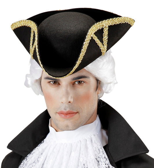 Black tricorn pirate hat with gold braid trim on white background.