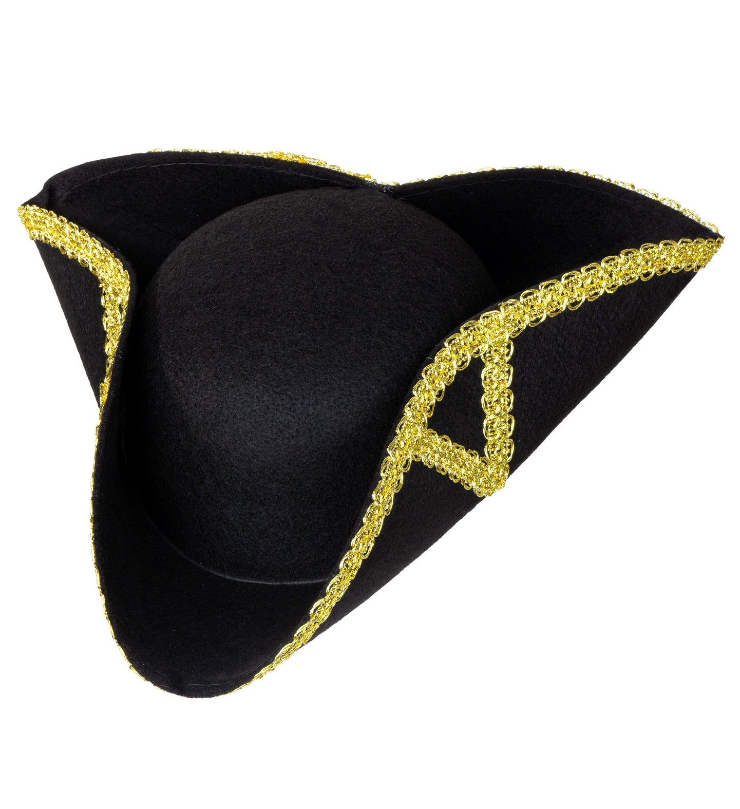 Black tricorn pirate hat with gold braid trim on felt.
