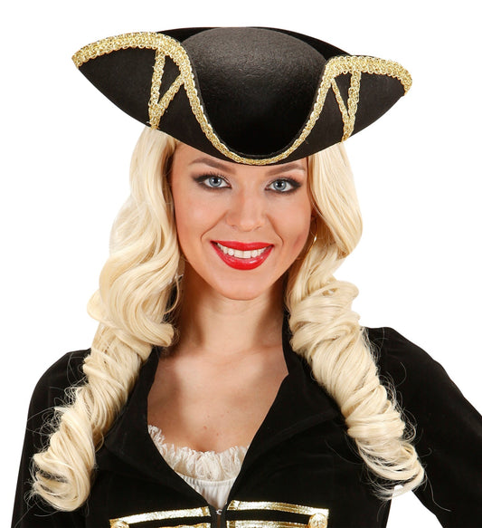 Black tricorn pirate hat with gold braid trim on a mannequin head.