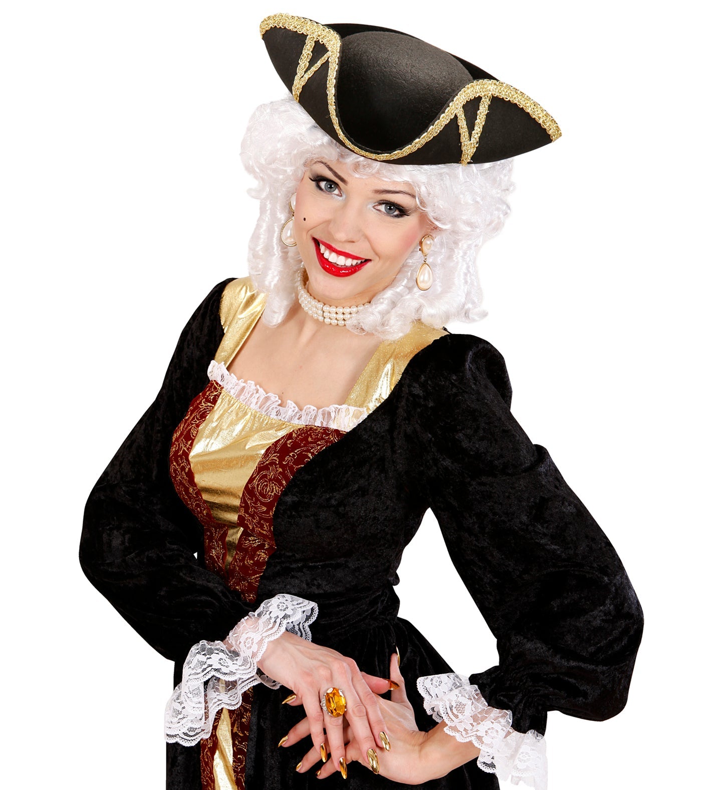 Black tricorn pirate hat with gold braid trim on white background.