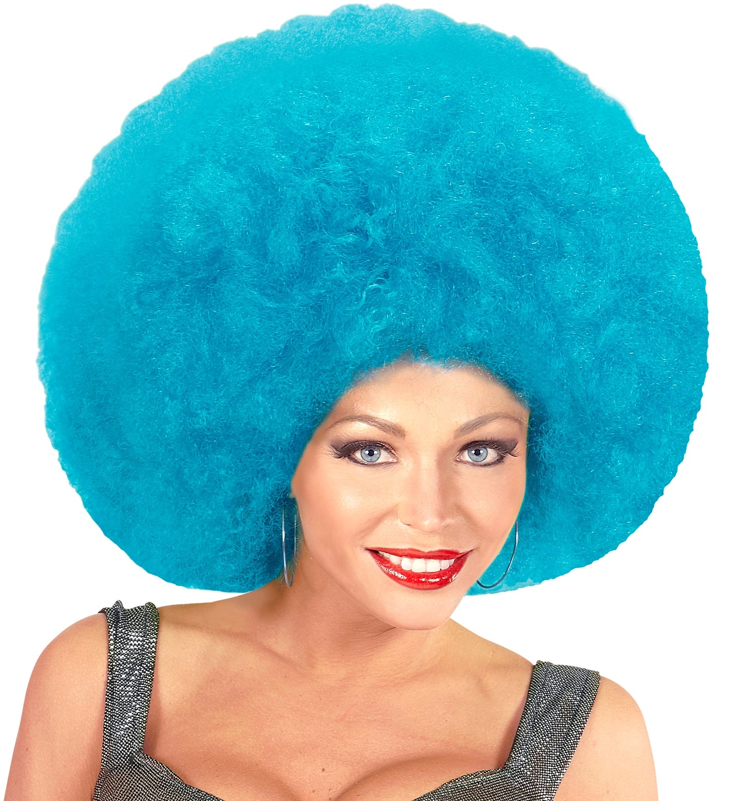 Türkise Riesen Afro Perücke mit voluminösen Locken und atmungsaktivem Netz für Komfort.