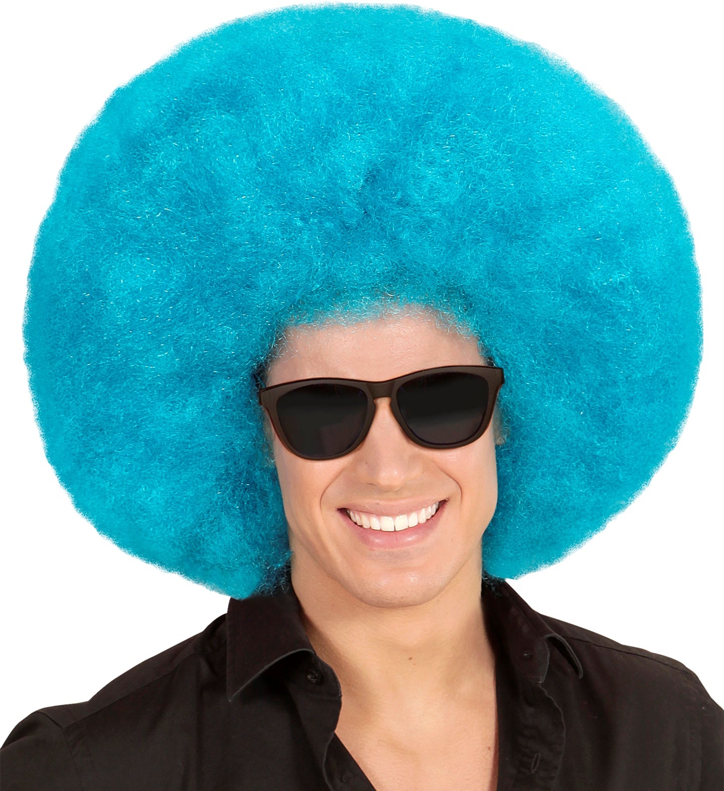 Türkise Riesen Afro Perücke mit voluminösen Locken und atmungsaktivem Netz für Komfort.