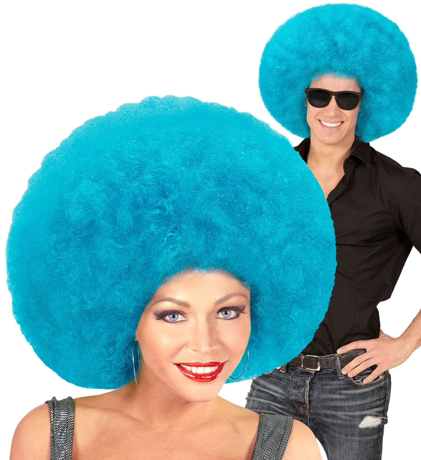 Türkise Riesen Afro Perücke mit voluminösen Locken und atmungsaktivem Netz für Komfort.