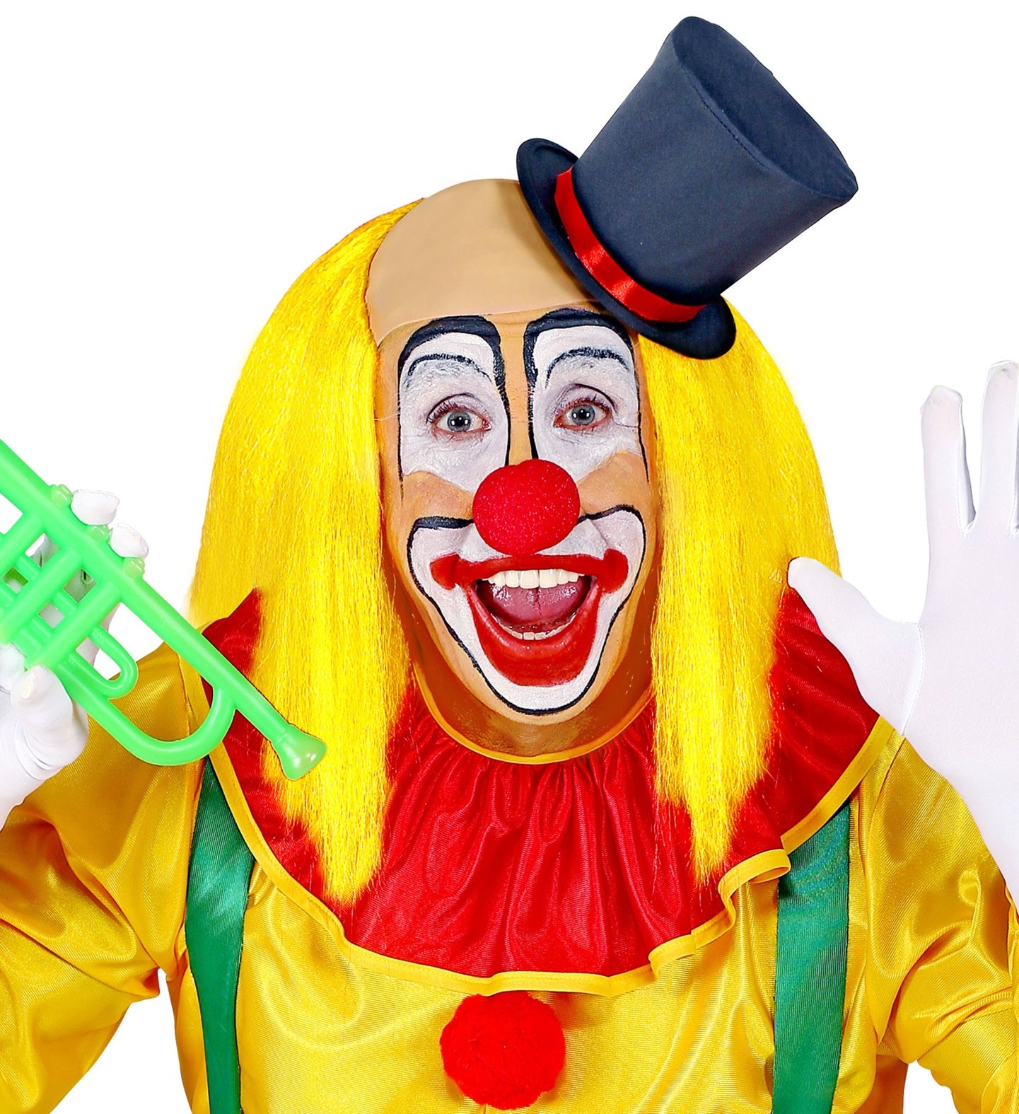 Glatze mit leuchtend gelben Haaren, ideal für Clownkostüme und schnelle Verkleidungen.