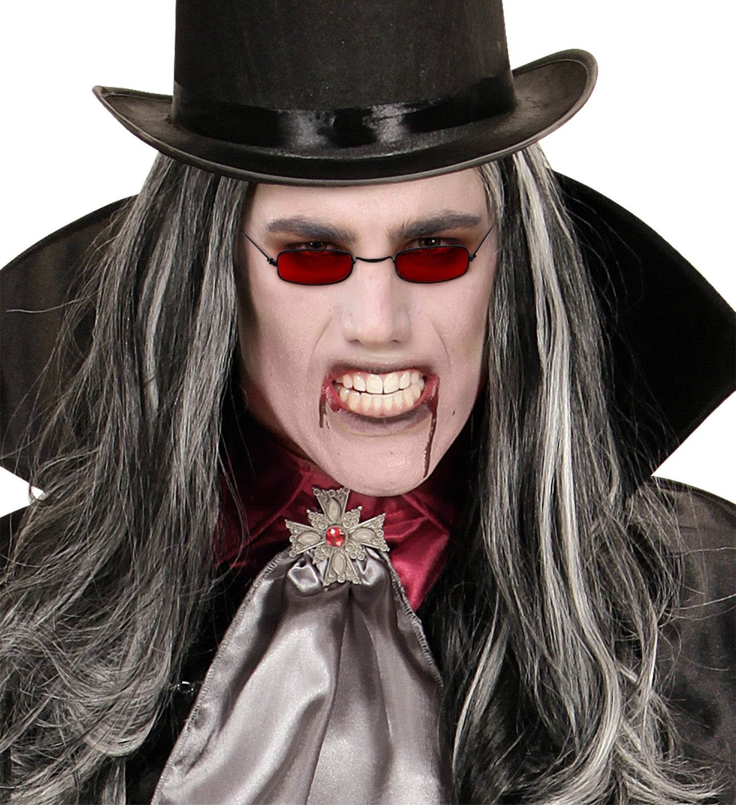 Lightweight red vampire glasses with blood-red lenses on a pale model.