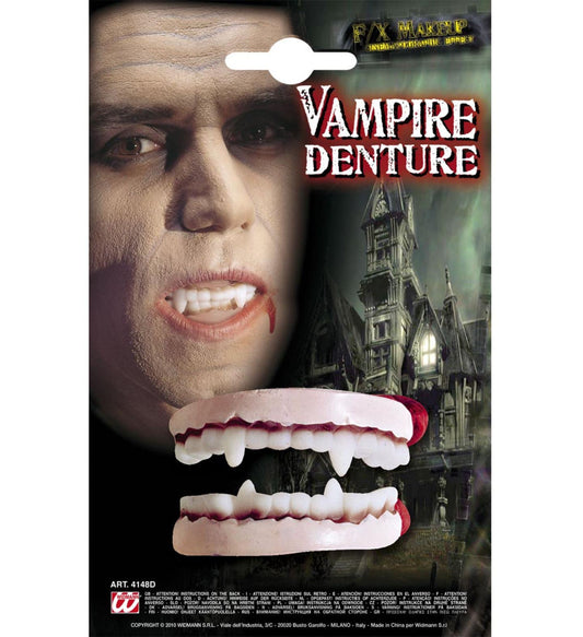 Realistic vampire fangs for adults with custom fit, shown on package with model.