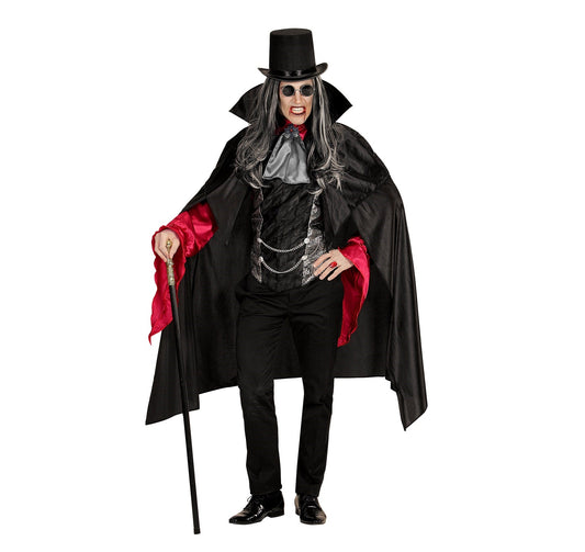 Herren Vampir Lord Kostümset mit Hemd, Weste, Jabot und Umhang in Schwarz und Rot.