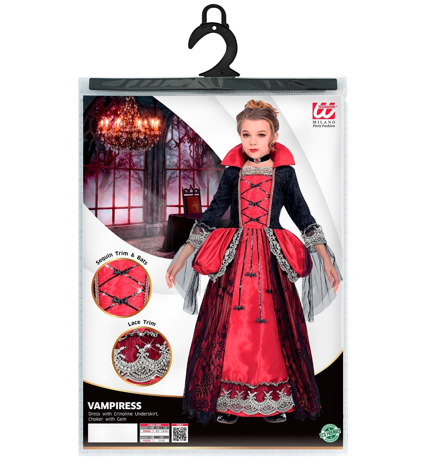 Schwarzes und rotes Kinderkostüm einer Vampirin mit glänzendem Halsband und voluminösem Rock.