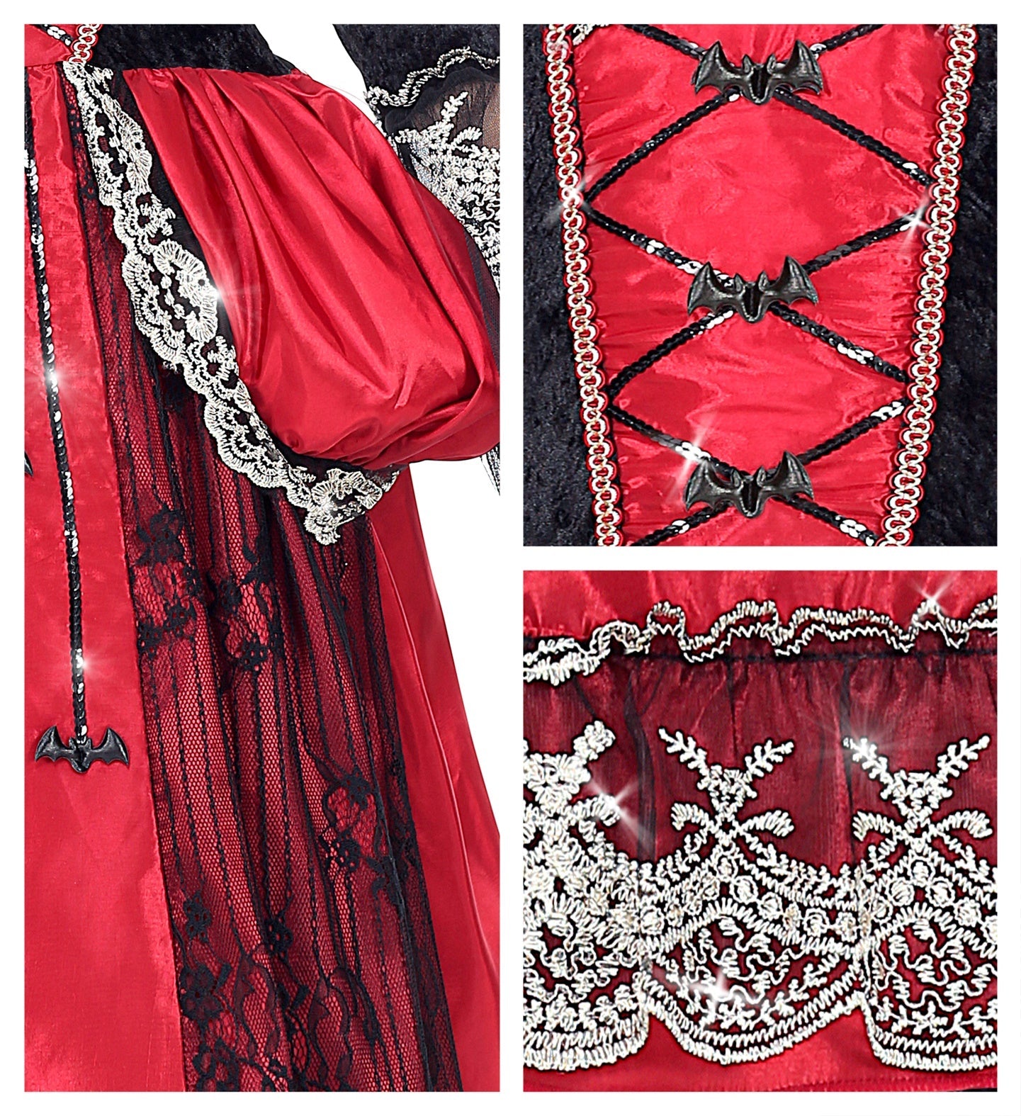 Schwarzes Vampirkleid mit roten Akzenten und glänzendem Halsband für Mädchen Halloween