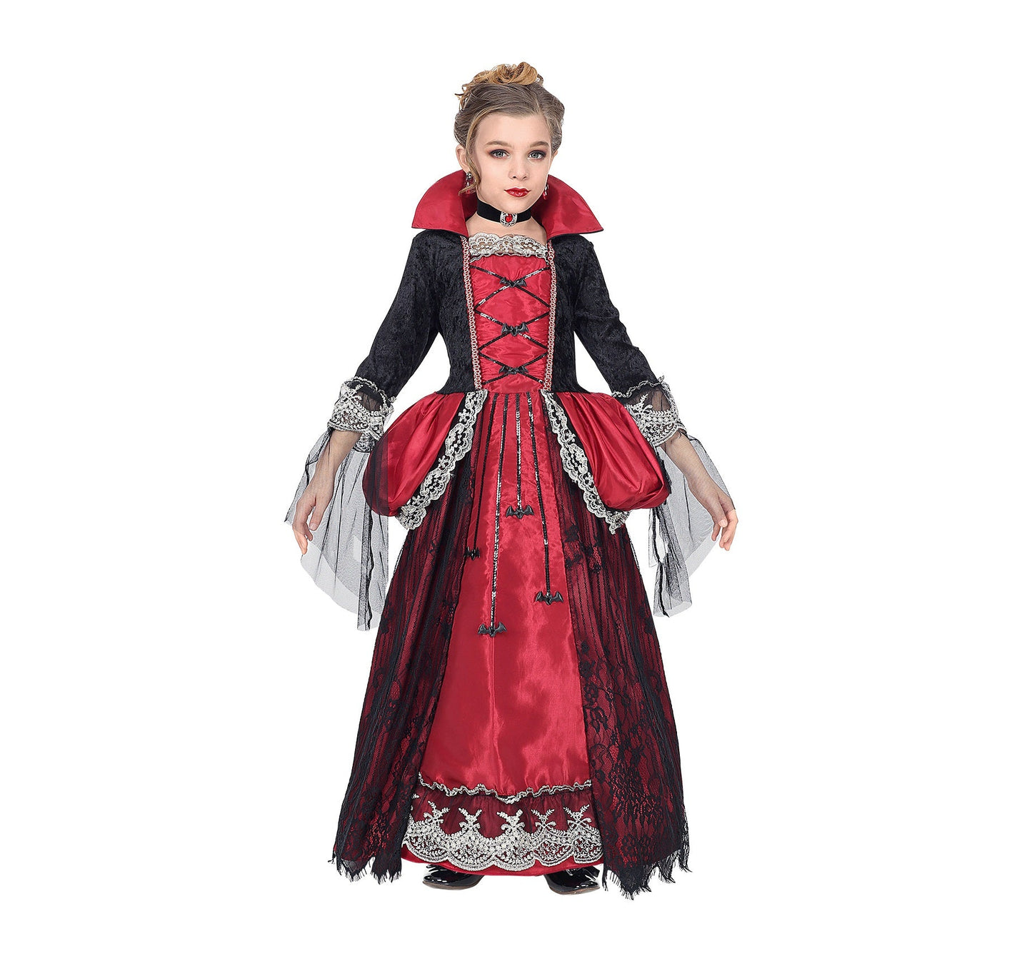 Schwarzes Vampirkleid für Mädchen mit roten Akzenten und glänzendem Halsband für Halloween