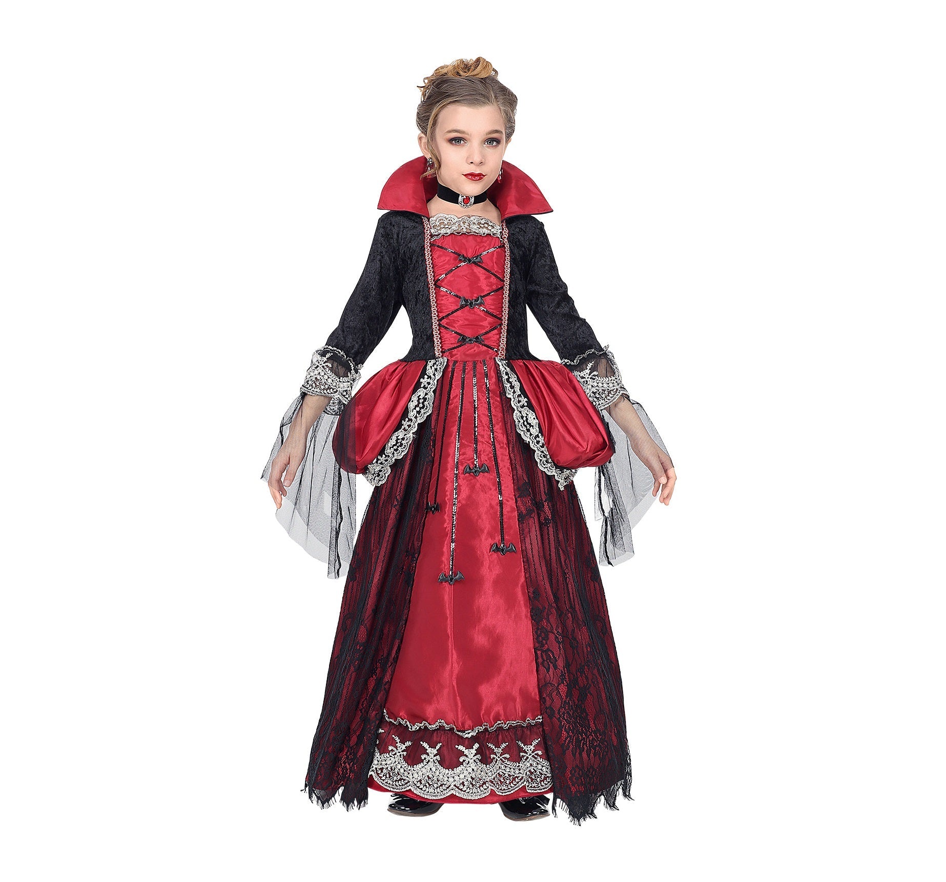 Schwarzes Vampirkleid für Mädchen mit roten Akzenten und glänzendem Halsband für Halloween