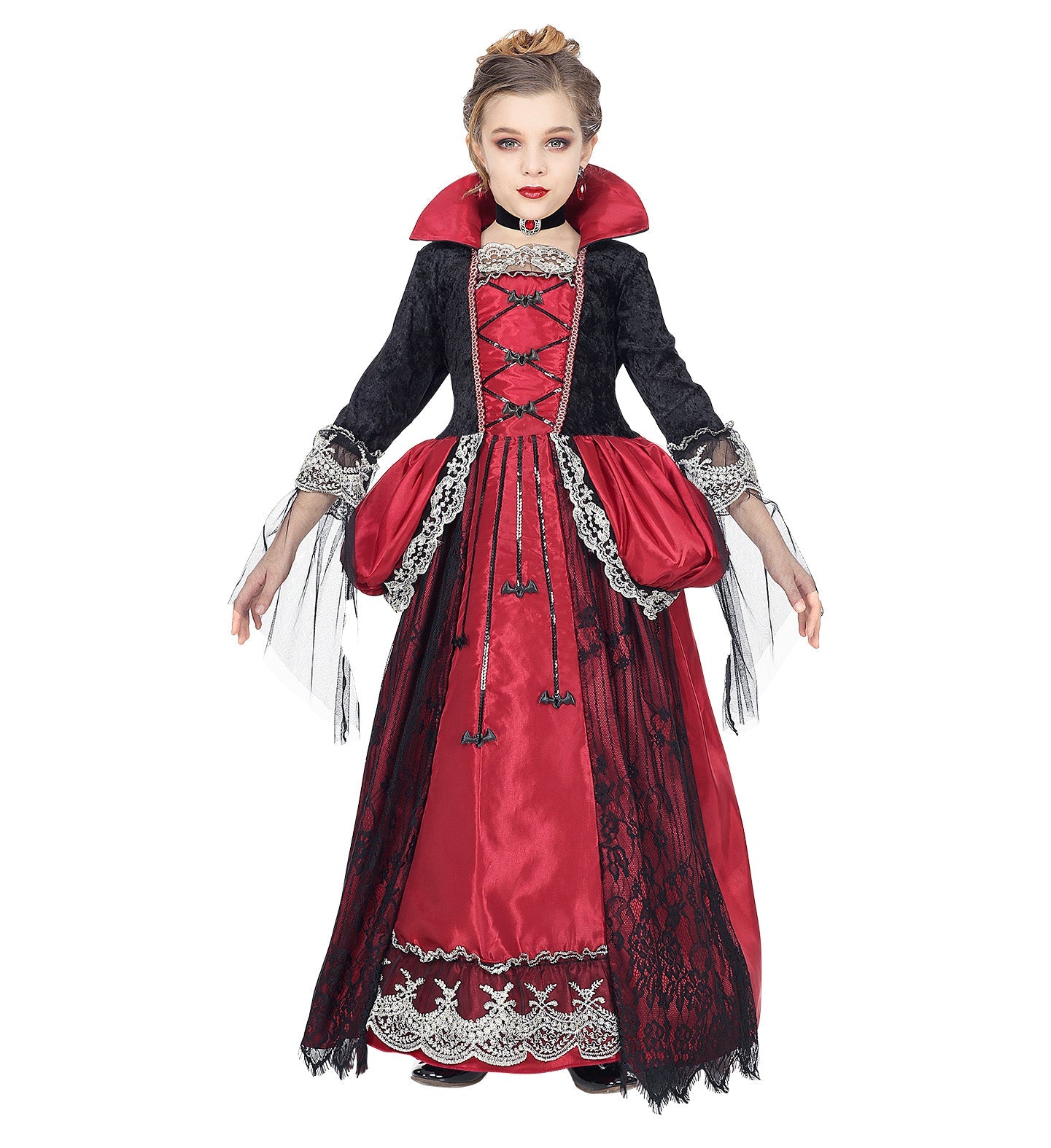 Schwarzes und rotes Kinderkostüm einer Vampirin mit glänzendem Halsband und voluminösem Rock.